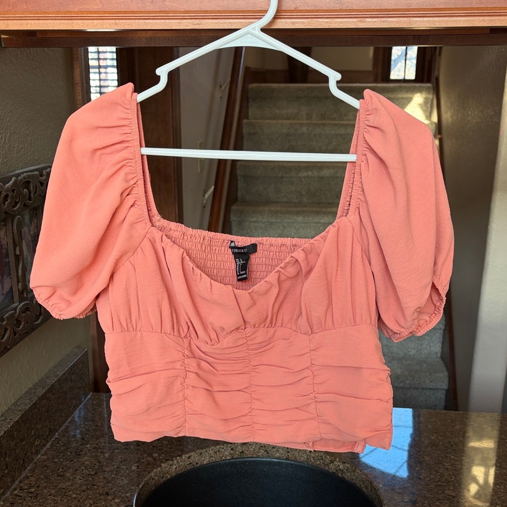 Forever 21 Peach Cropped Puff Sleeve Blouse